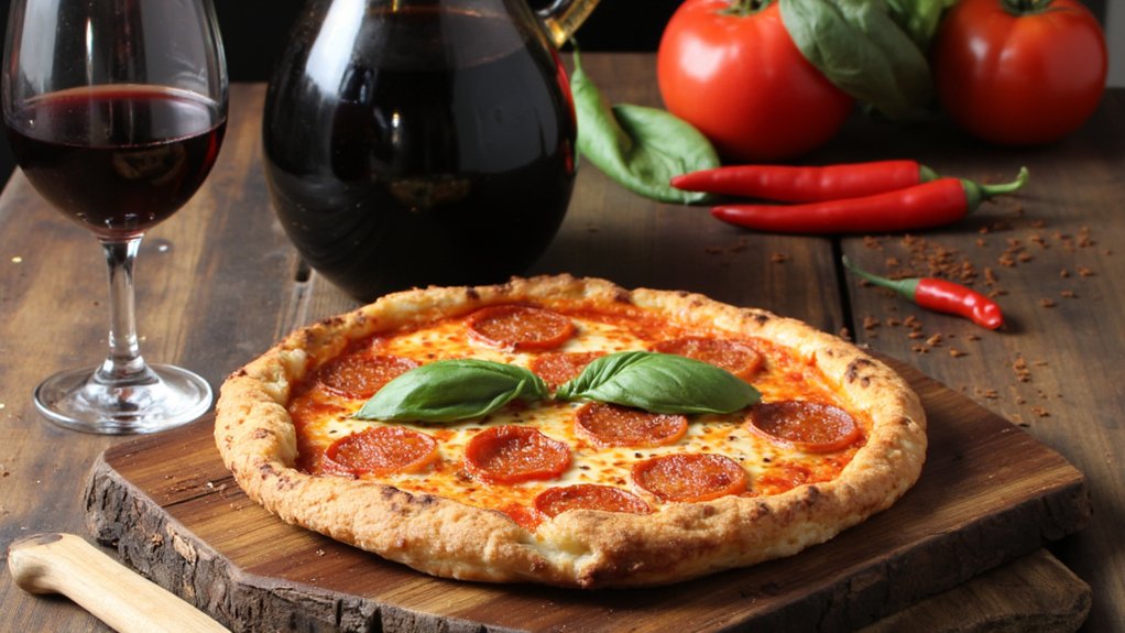 spicy pizza with chianti