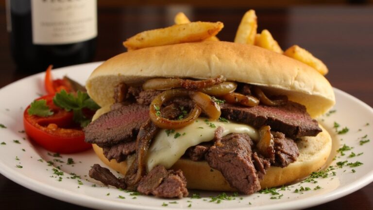 steak sandwich paired with wine
