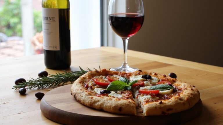 vegetable topped pizza with wine